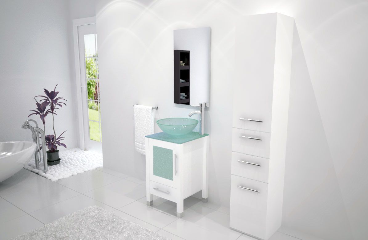 soft focus single vessel sink vanity glass in white custom cabinets and stock bath vanities