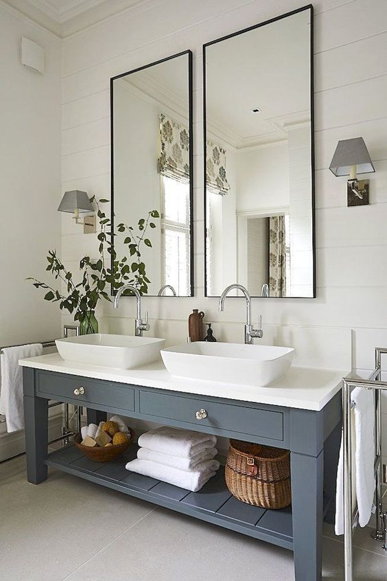 modern farmhouse bathroom vanity in gray with two vessel sinks