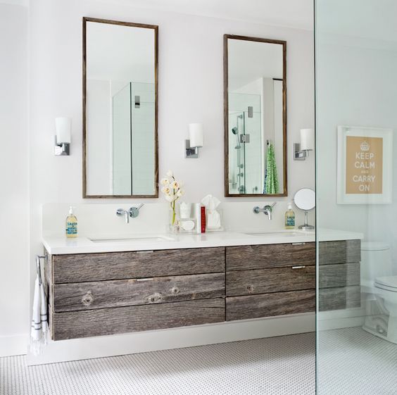 modern floating double sink vanity with reclaimed barnwood