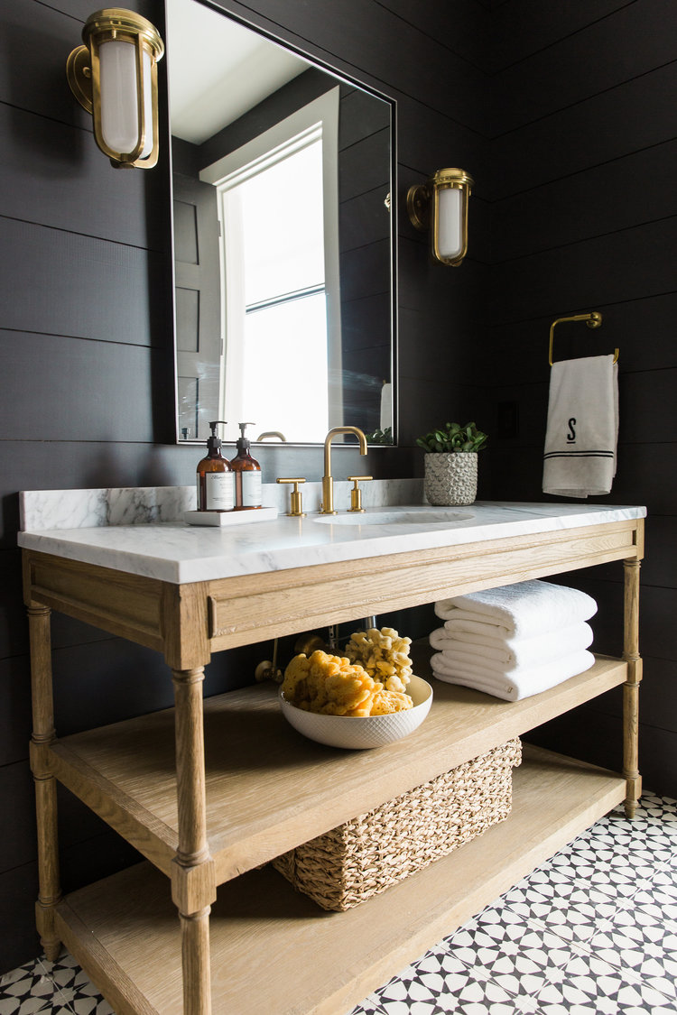 bathroom design trends of 2019 black bathroom wood vanity gold sink hardware