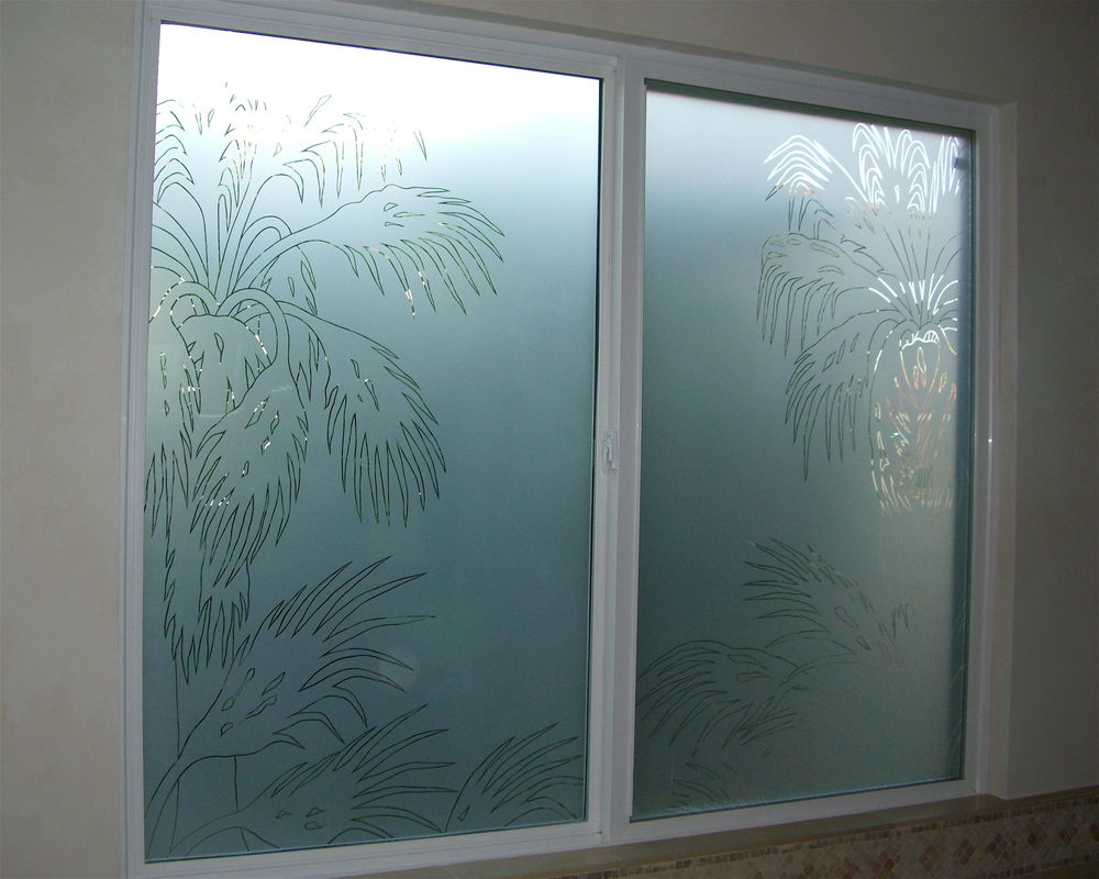 frosted glass window with custom etched glass bathroom