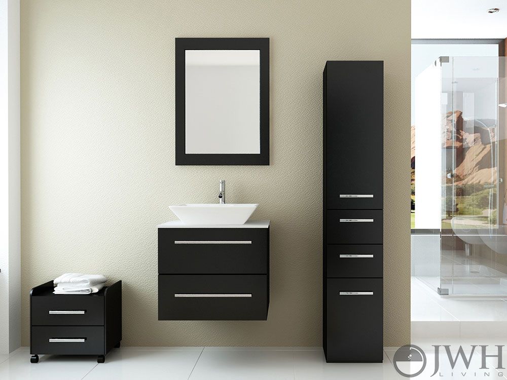 A single-sink bathroom vanity mounted into the wall, with espresso black finish and white stone countertop
