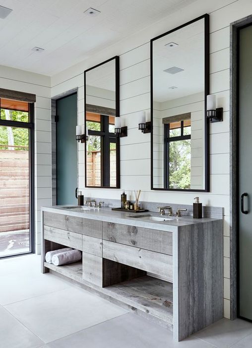 shiplap walls with double natural wood bathroom vanity natural light