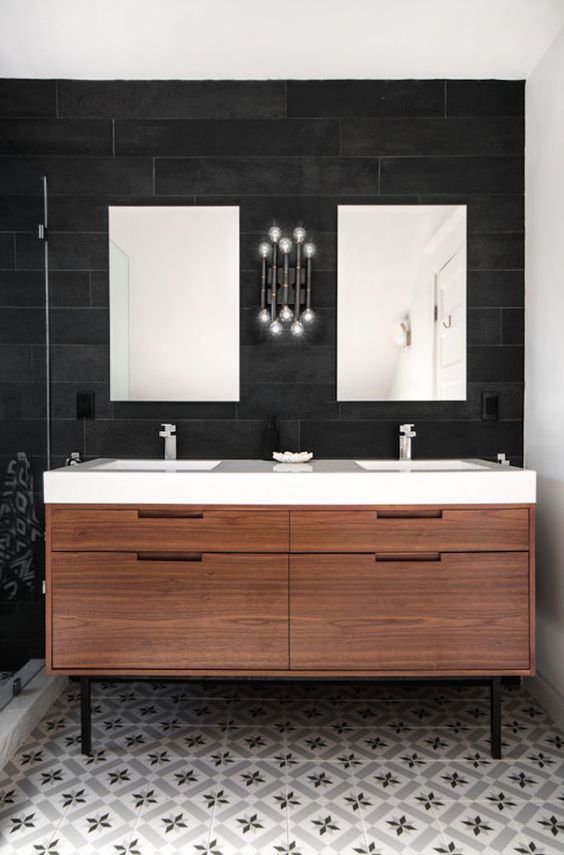 modern bathroom vanity with natural wood and white countertop