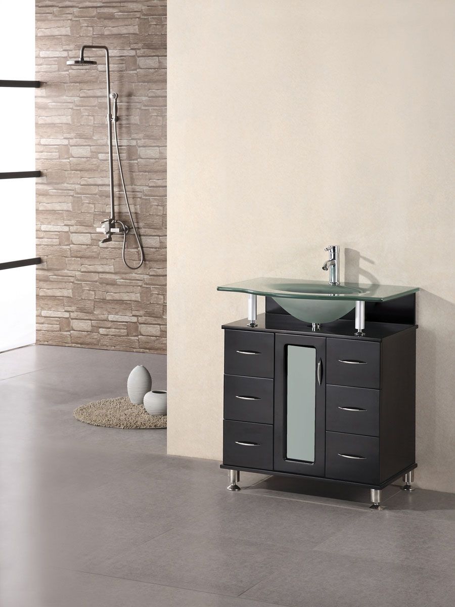 Huntington single sink vanity with glass top - a cool, modern cabinet that's narrow enough to fit most bathrooms