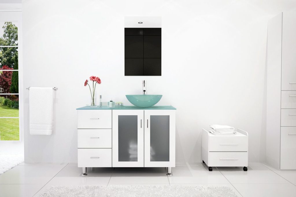 The Lune single sink modern vanity - here in white finish, with glass tops
