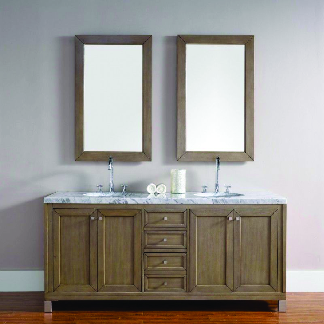 chicago double vanity in natural wood and two cabinets