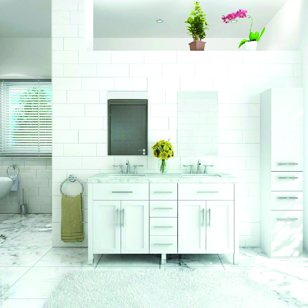 boardwalk double bathroom vanity in white with silver handles and marble top