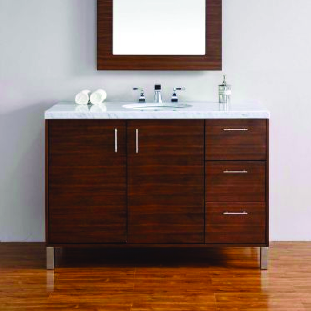 standing natural wood single vanity with marble top