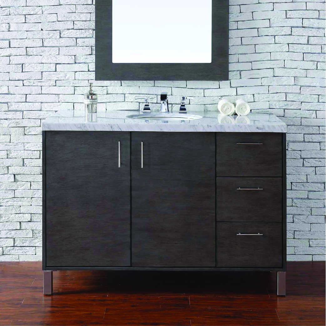 dark wood standing single bathroom vanity with marble top