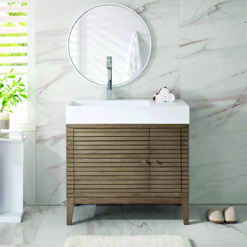 single modern natural wooden vanity with linear slats