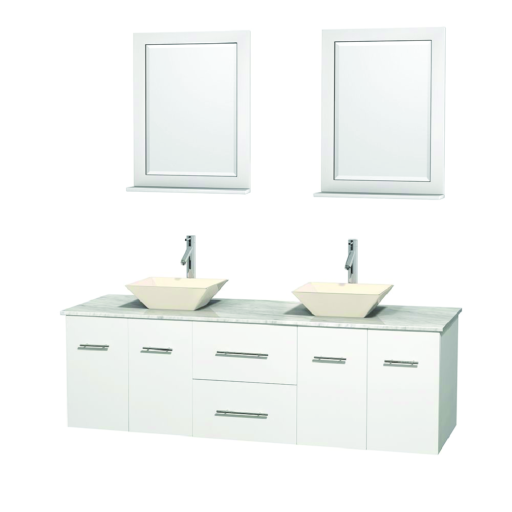 centra double bathroom vanity in matte white with vessel sinks and stone top