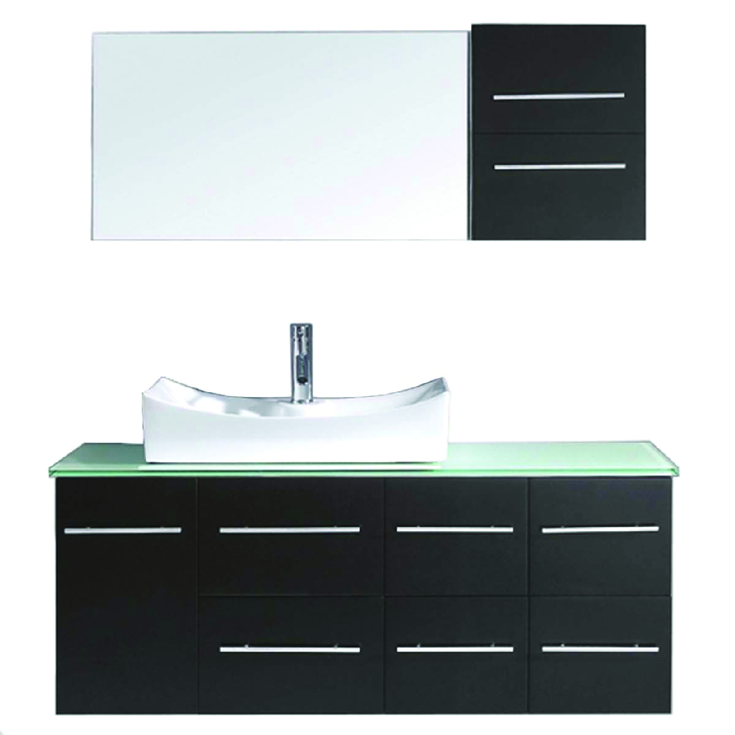single bathroom vanity with vessel sink and glass top in black