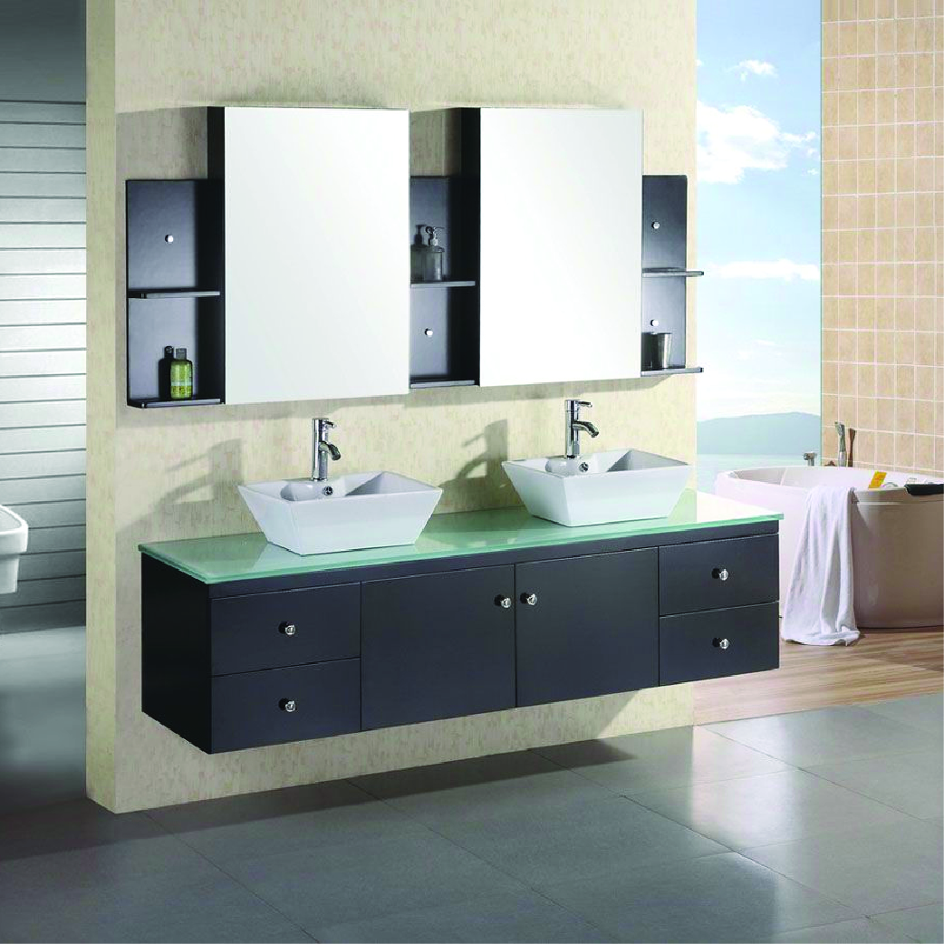 double floating sink vanity in espresso with glass top