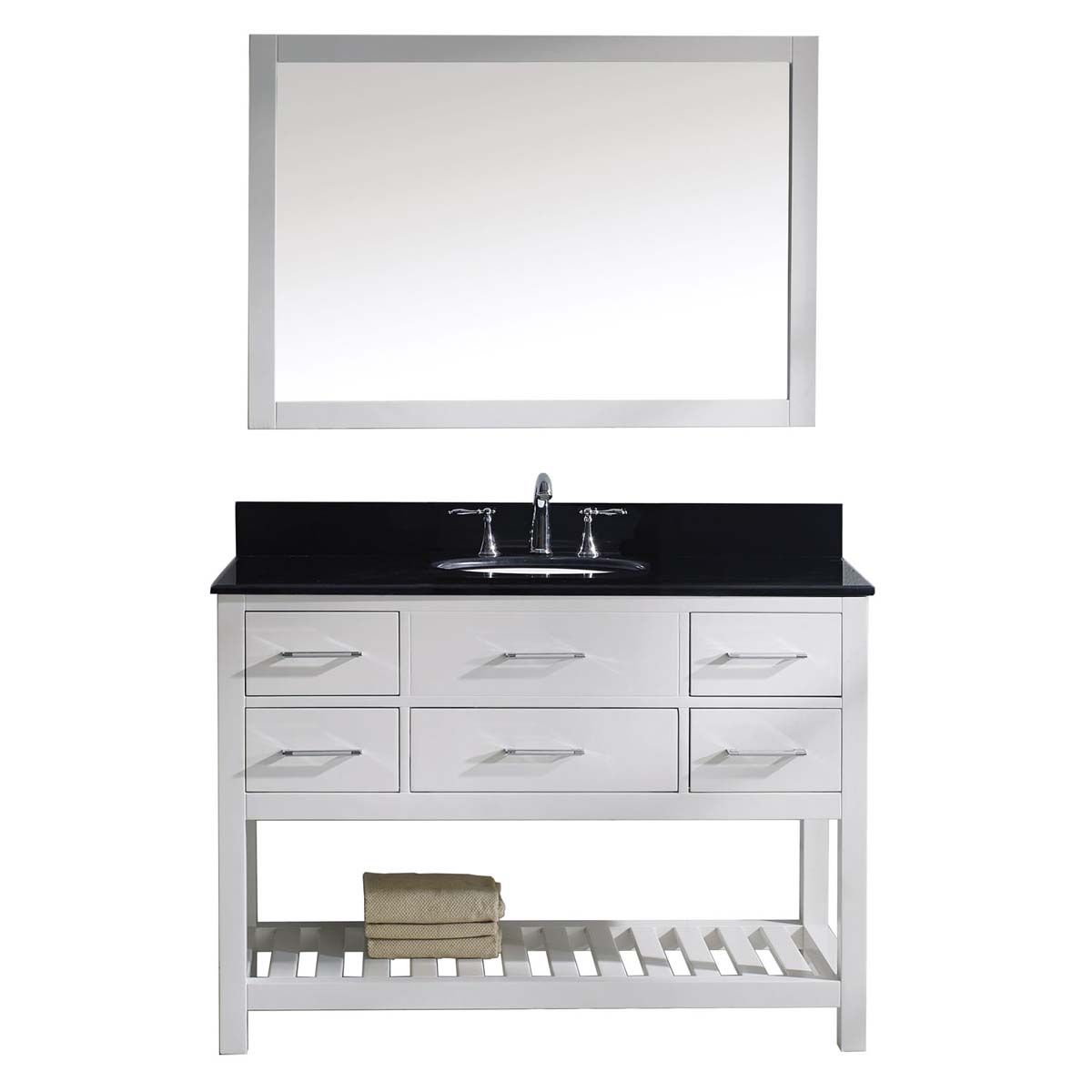 simple modern farmhouse bathroom vanity with black top and white wood finish
